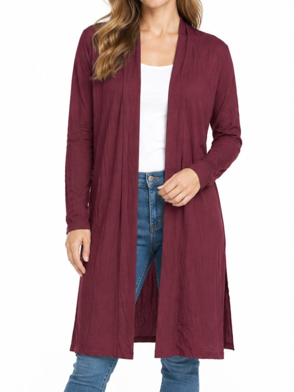 Carly Jean Los Angeles Burgundy Longline Open Front Cardigan M